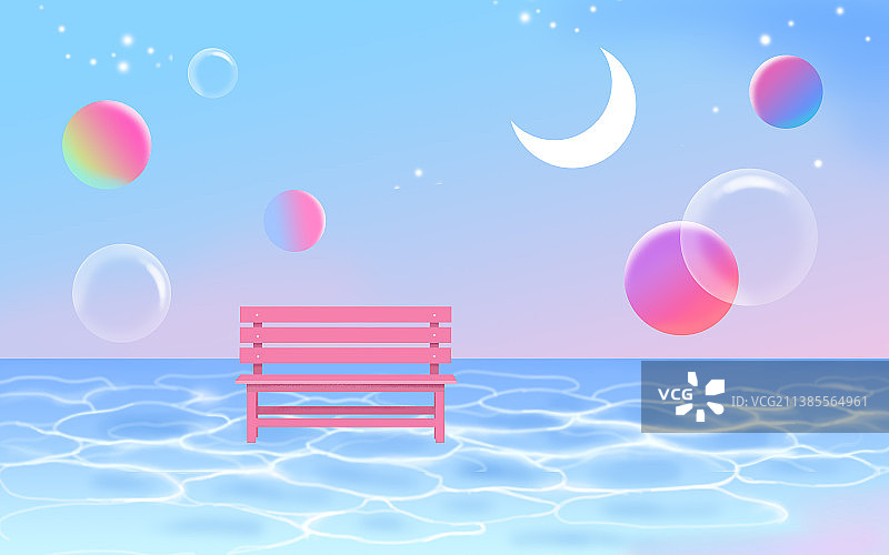 梦幻海边粉色长椅星空月亮彩球泡泡图片素材