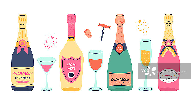 带玻璃杯的葡萄酒瓶香槟涂鸦图片素材