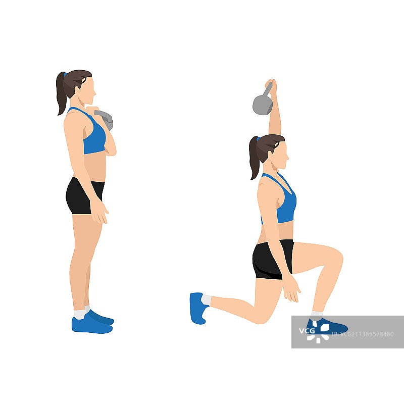 女人做壶铃弓步推举运动图片素材