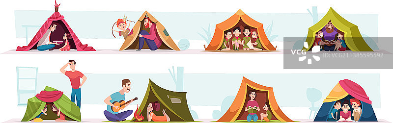 孩子们在帐篷里玩有趣的家庭游戏图片素材