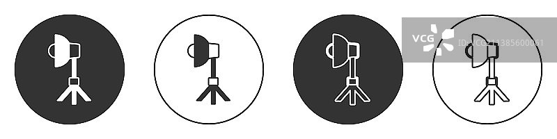 隔离的柔光箱中黑色演播室灯泡图标图片素材