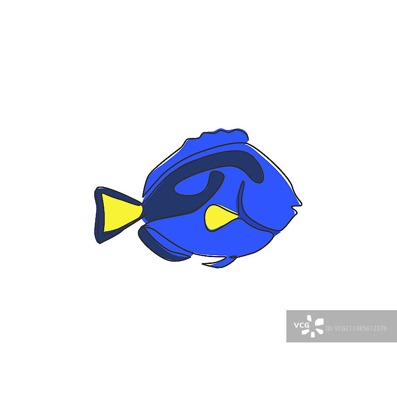 有趣的蓝唐鱼单线绘画图片素材