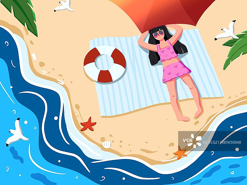 夏日沙滩晒太阳的女孩插画图片素材