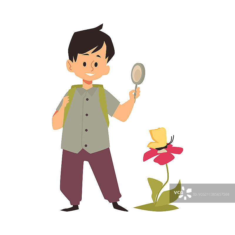 男孩观察自然，看扁平风格的花朵图片素材