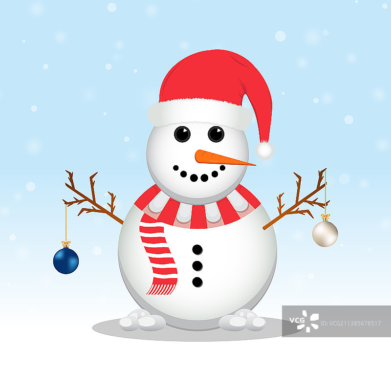 戴圣诞帽的雪人与飘落的雪花图片素材