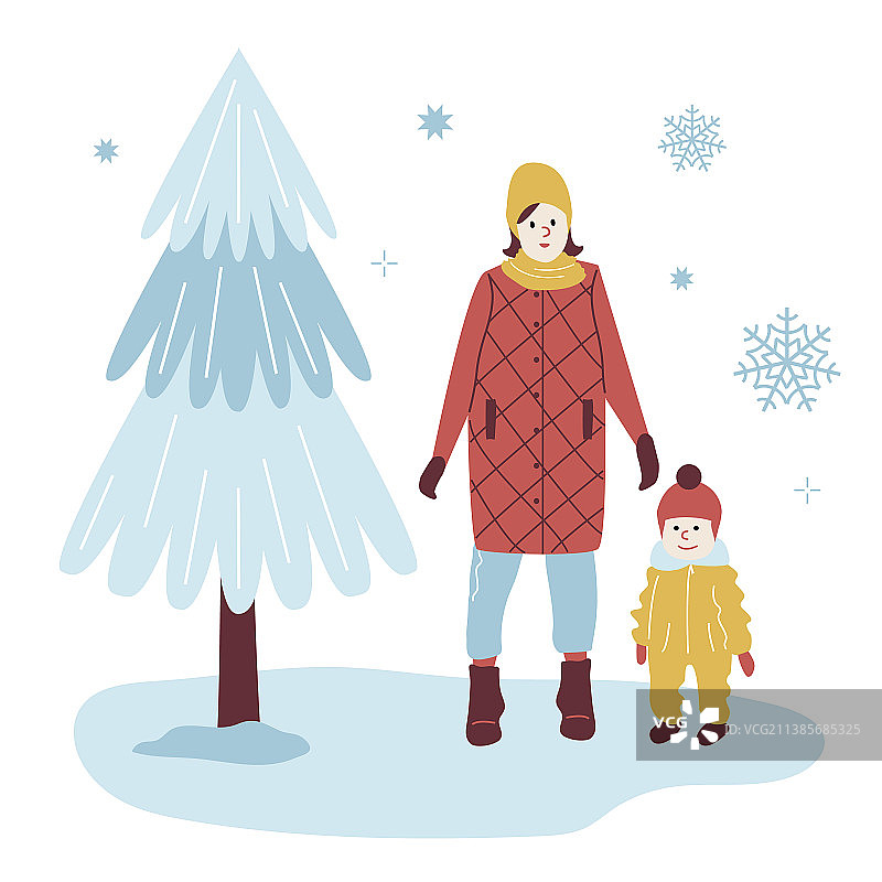 妈妈和宝宝穿着时尚外套在冬季散步图片素材