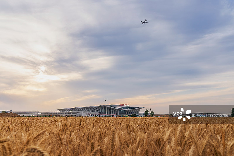 河南郑州高铁站郑州航空港站（原郑州南站）站房与麦田夏季户外风光图片素材