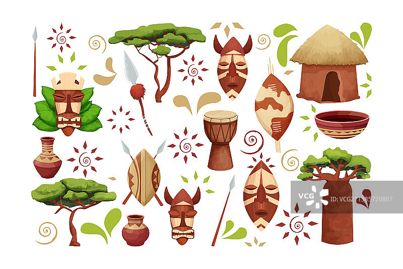 带茅草屋顶的非洲小屋、猴面包树和盾牌图片素材