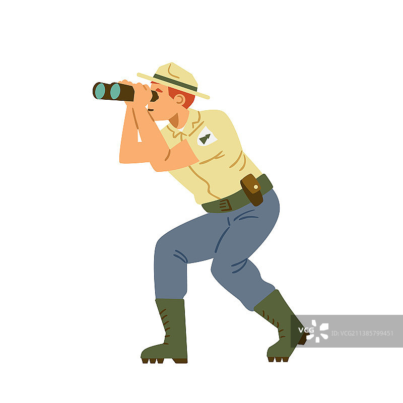 手持望远镜的公园或自然保护区巡护员（扁平风格）图片素材