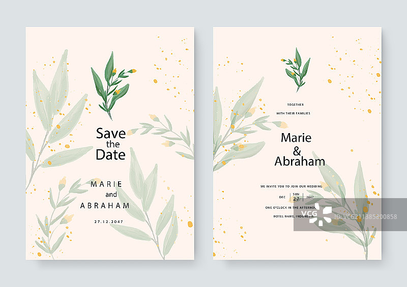 水彩花卉叶子婚礼卡片套装图片素材