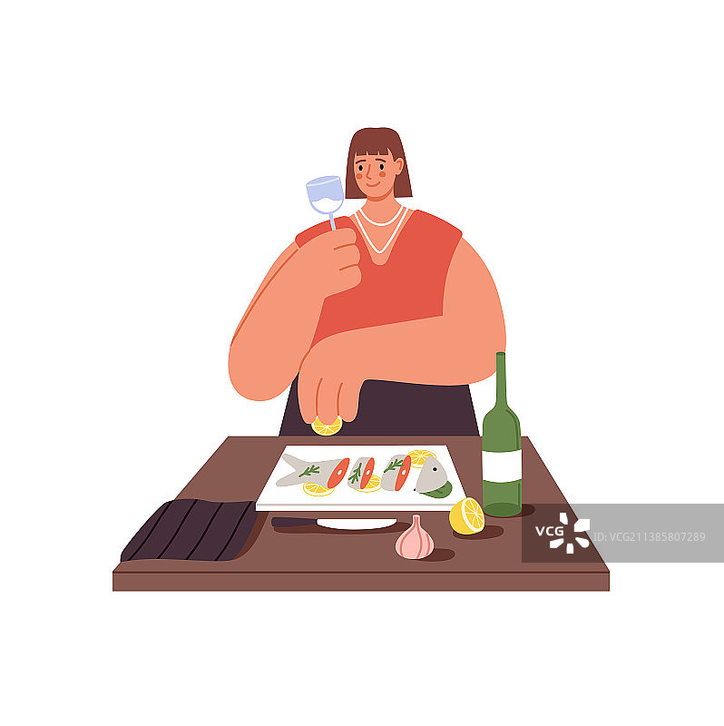 女人准备烹饪红鱼配柠檬图片素材