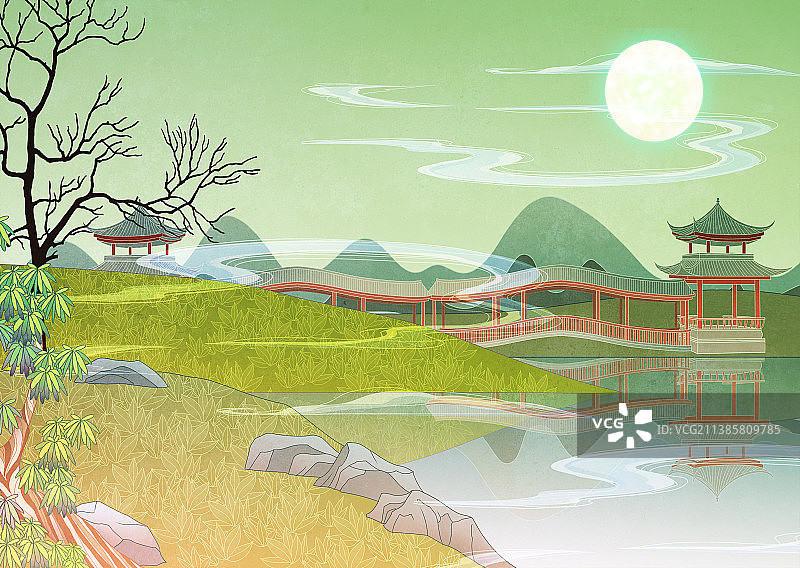 中国国风国潮新中式清新风景景色插画图片素材