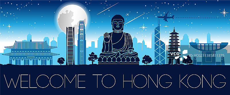 香港著名地标夜景轮廓图片素材