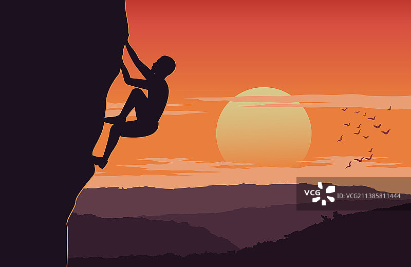 日落时分，男子小心翼翼地攀登悬崖图片素材
