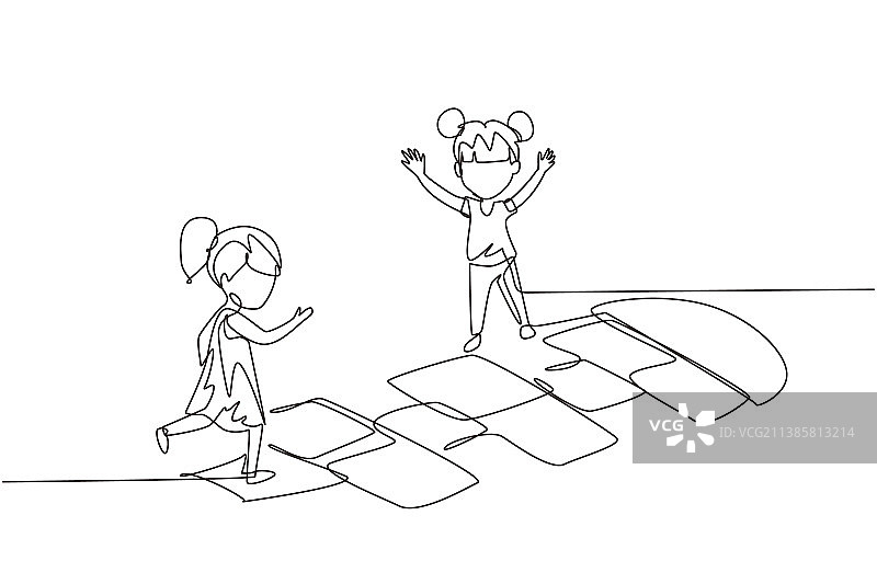 一个连续线条画：两个小女孩在玩耍图片素材