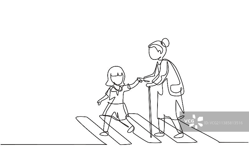 小女孩帮助老人单线画图片素材