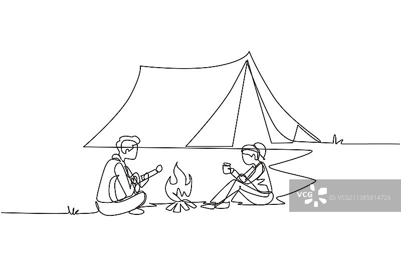露营情侣单线连续画图片素材
