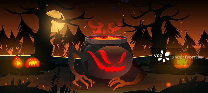 夜晚森林中盛有药水的令人毛骨悚然的巫婆大锅图片素材