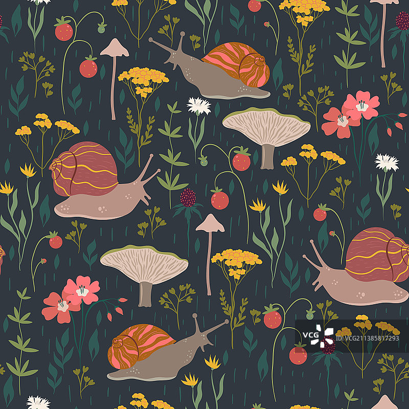 森林植物蜗牛无缝图案图片素材