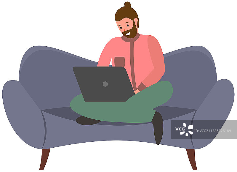 男人在家用笔记本电脑在沙发上上网图片素材