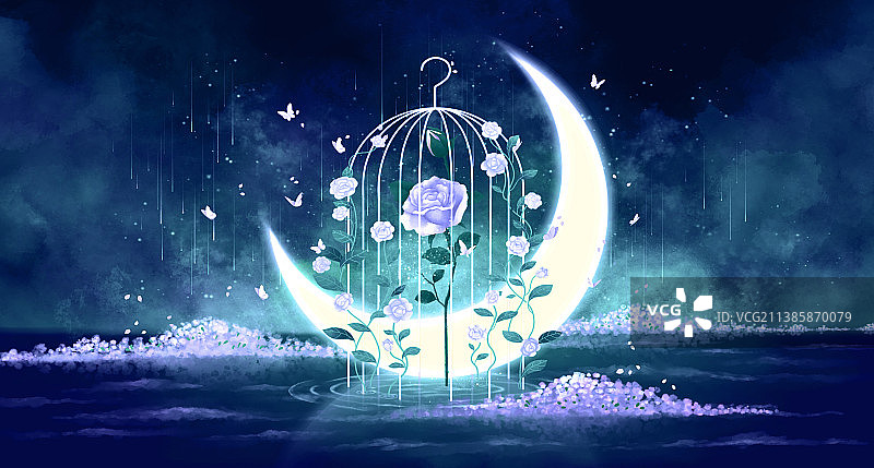 梦幻海上玫瑰星空插画图片素材