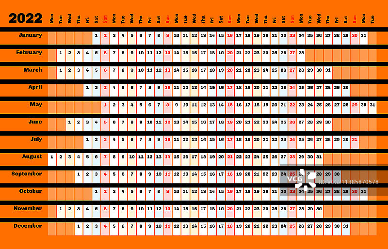 带有日期和月份的黑色线性2022年日历图片素材
