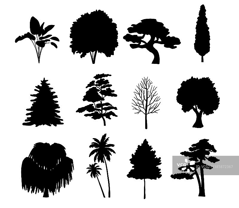 白色背景树木剪影图片素材