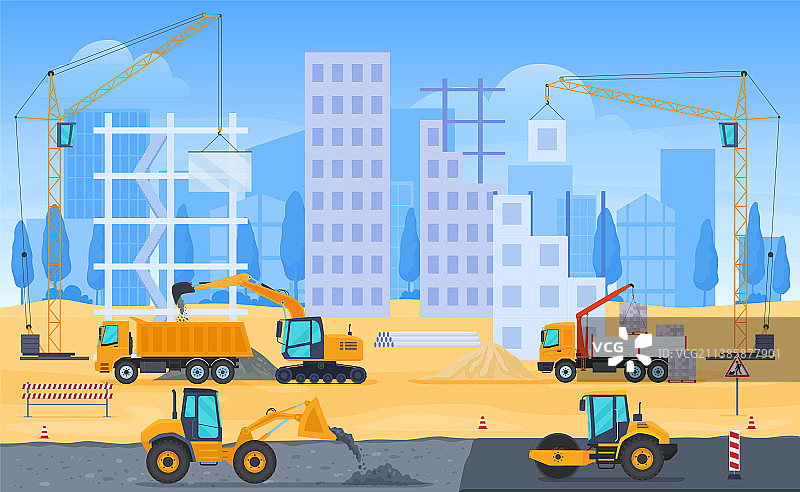 建筑房屋施工现场扁平设计图片素材
