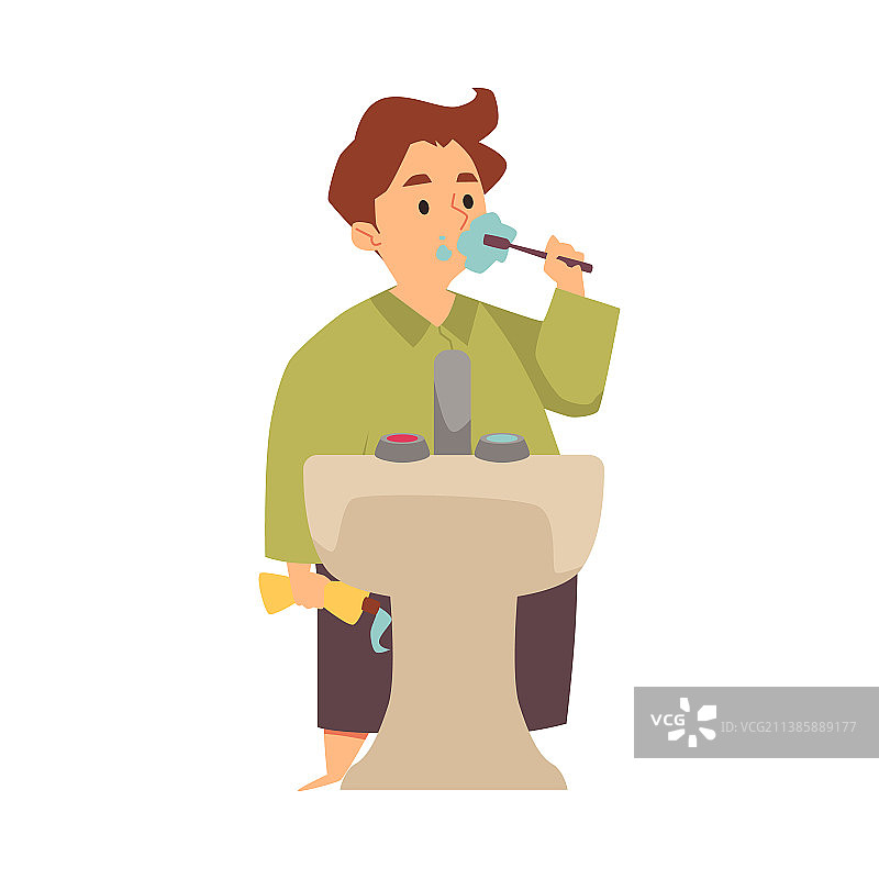 男孩在浴室水槽前刷牙（扁平风格）图片素材