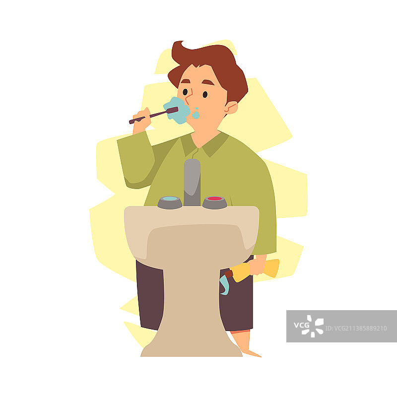 卡通男孩在浴室里刷牙图片素材