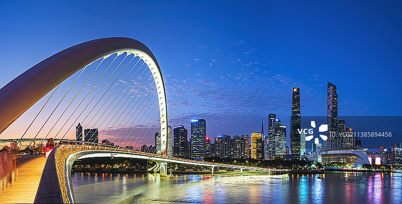 广东省广州珠江航道都市风光、建筑景观、城市天际线CBD、经济商务金融区、海心桥、日落、黄昏夜景、全景图片素材