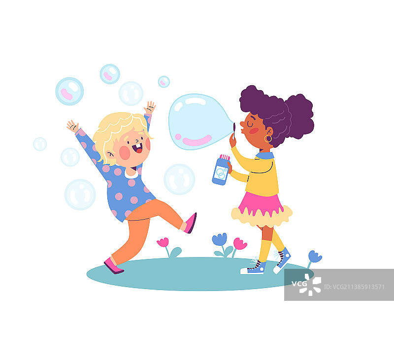 玩肥皂泡的男孩和女孩（扁平风格）图片素材