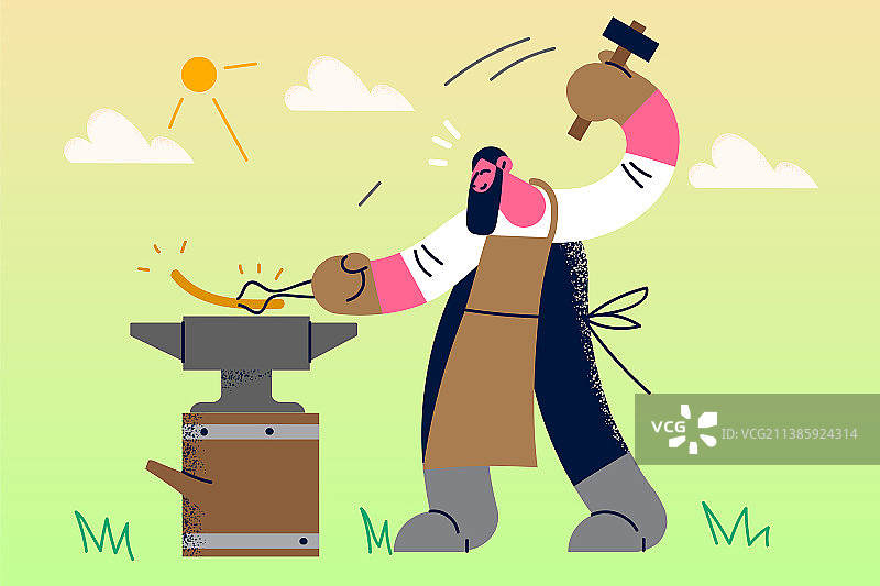 健壮的铁匠在铁砧上锻造金属图片素材