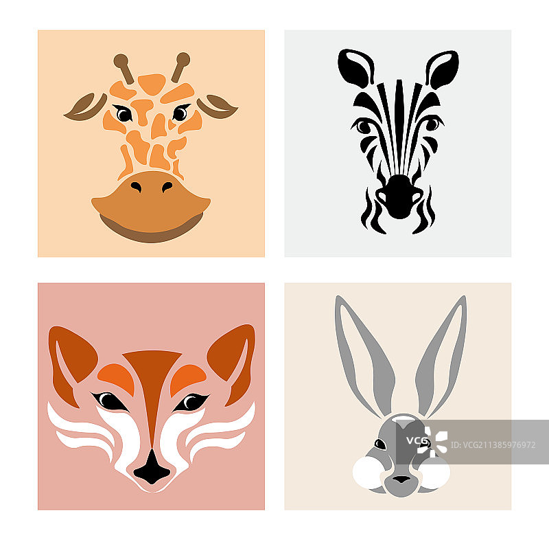 白色背景上的可爱动物肖像套装图片素材