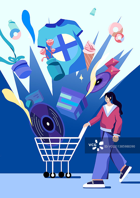 女孩推着购物车购物图片素材