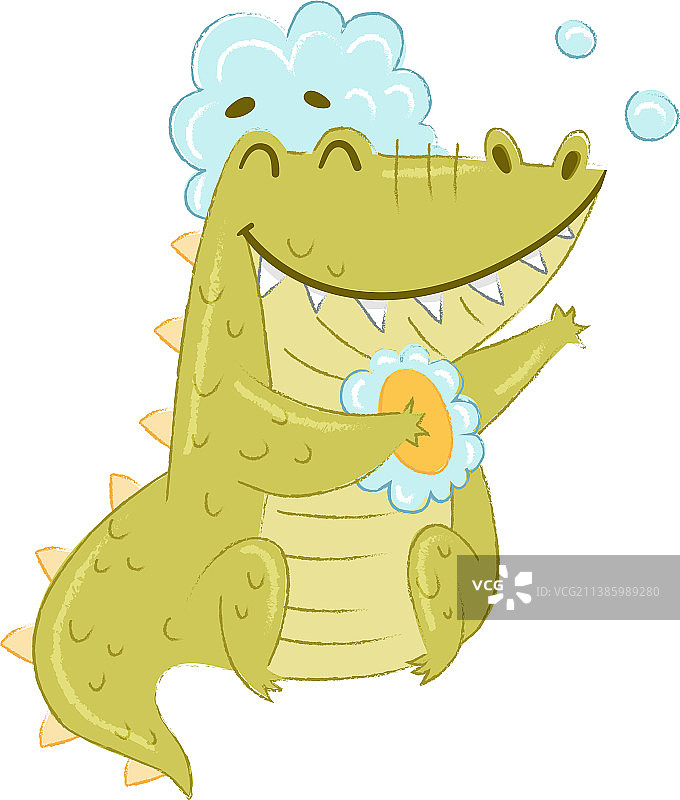 正在泡沫浴的可爱鳄鱼角色图片素材