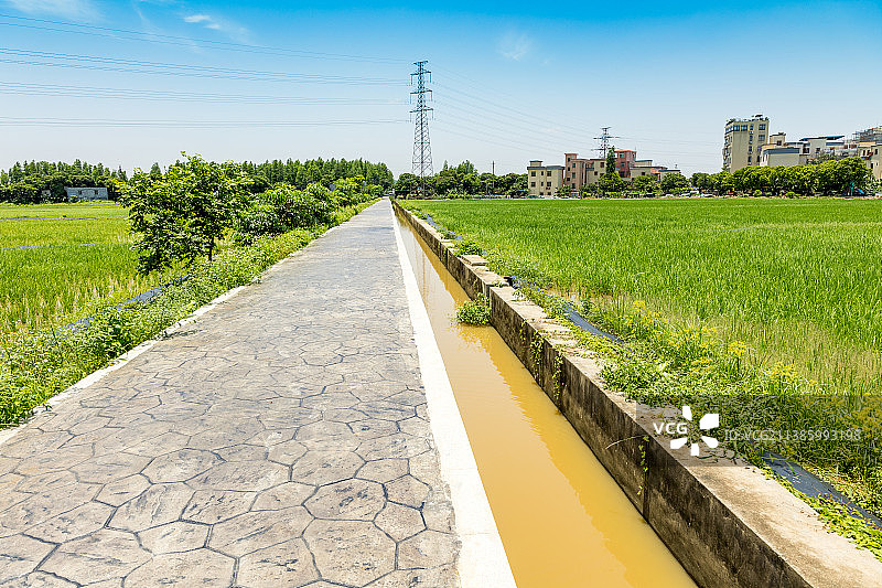 农田旁边的道路和沟渠图片素材