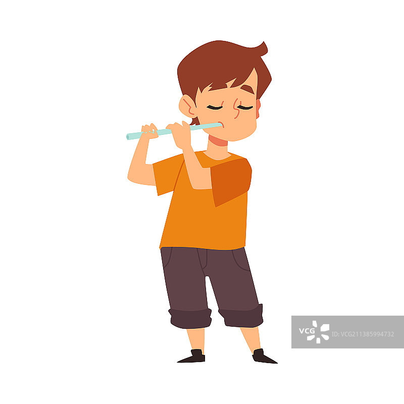 扁平卡通风格：小男孩吹笛子图片素材