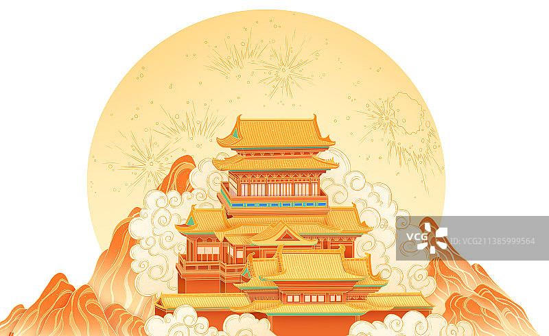 月球上山脉云雾间的广寒宫图片素材