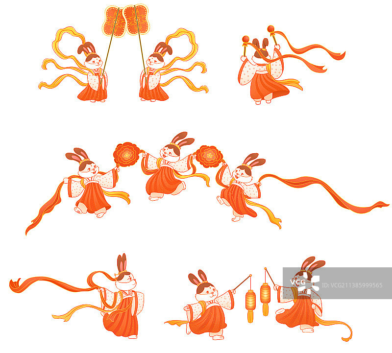 兔子们穿着古装表演各种节目的动作图片素材