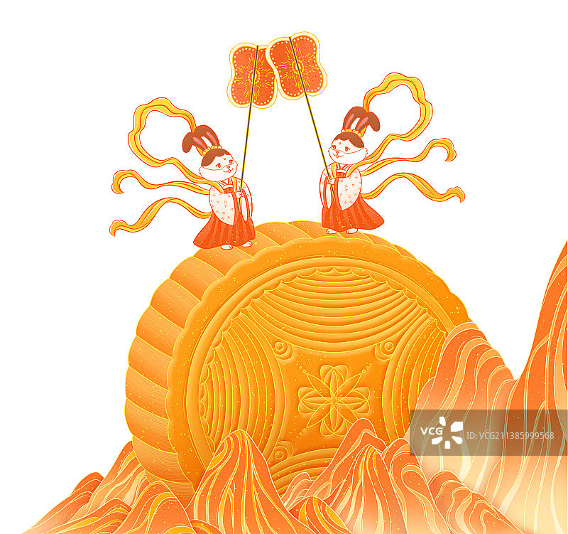 两只兔子侍女站在一个大大的月饼上图片素材