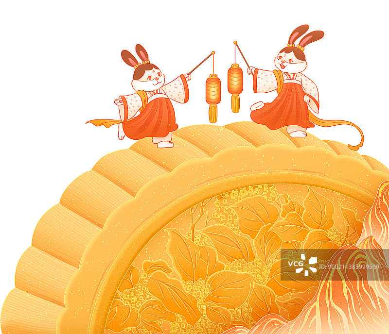 两只玉兔提着灯笼站在月饼上图片素材