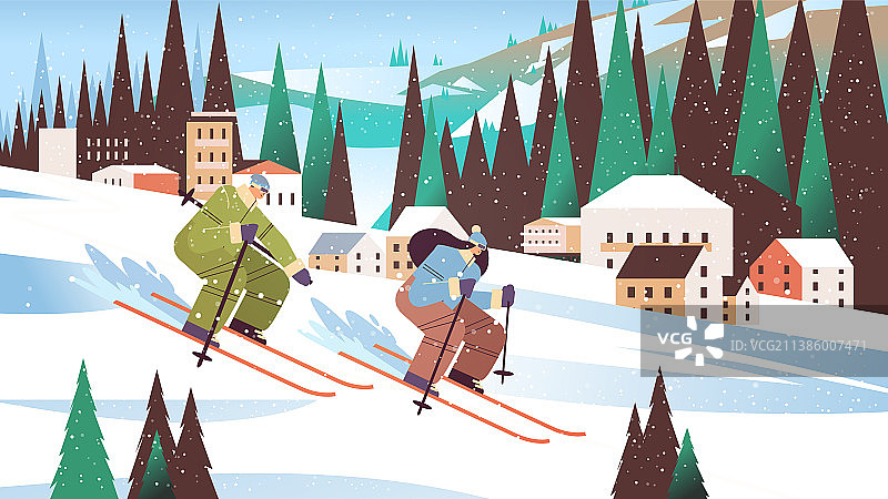 人们滑雪：男女游客情侣图片素材