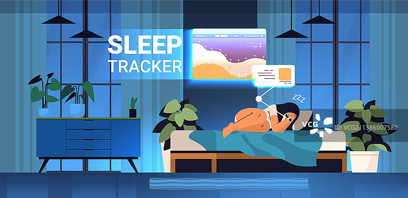 年轻女子在床上睡觉，旁边有智能电子设备图片素材