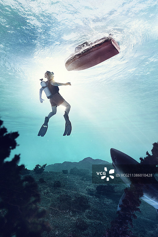 鲨鱼、潜水员和船图片素材