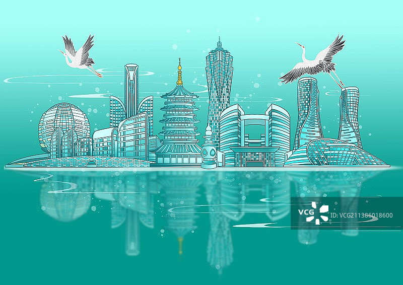 杭州现代城市建筑背景插画图片素材