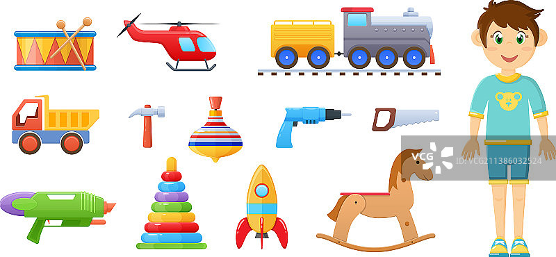 快乐的男孩和儿童玩具套装图片素材