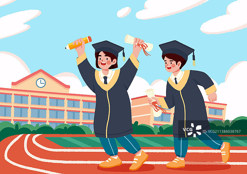 两个毕业的学生在学校操场跑道上庆祝图片素材