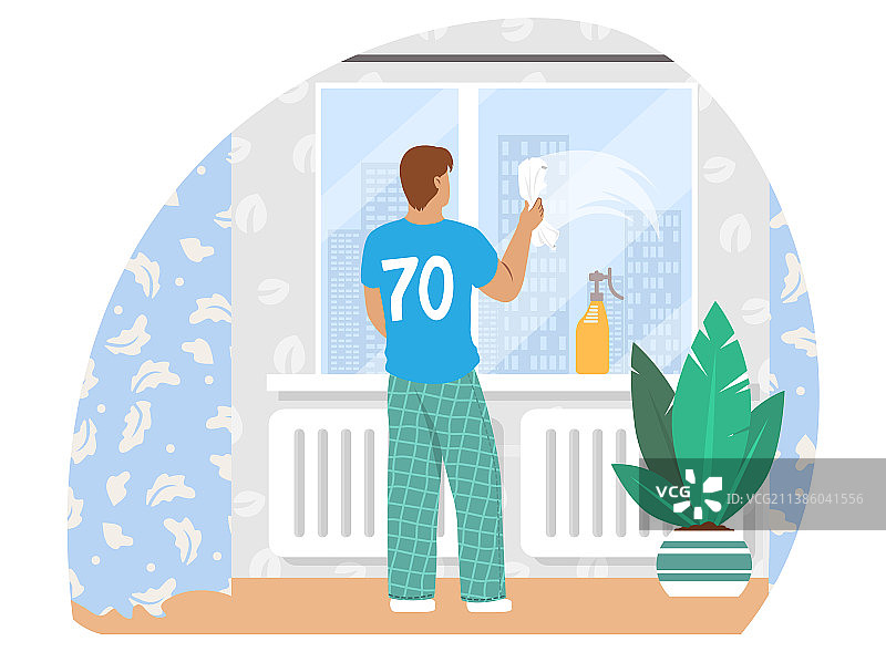 男人在客厅擦窗户图片素材