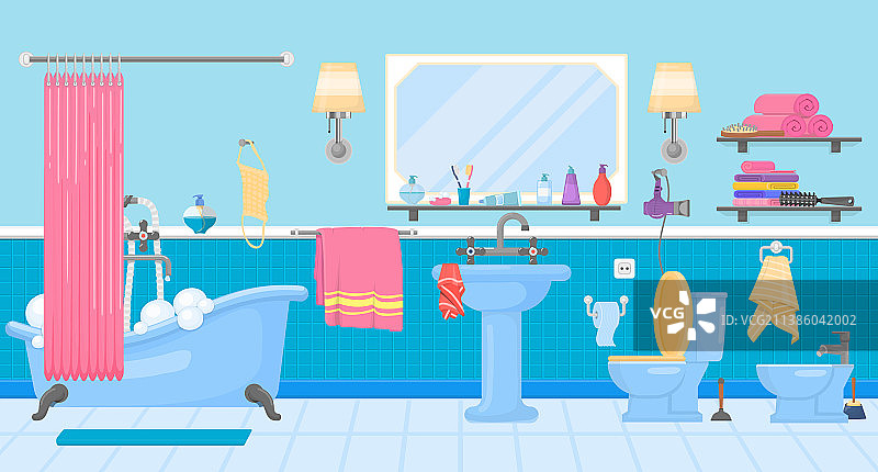 卡通浴室内部酒店浴缸衣柜图片素材
